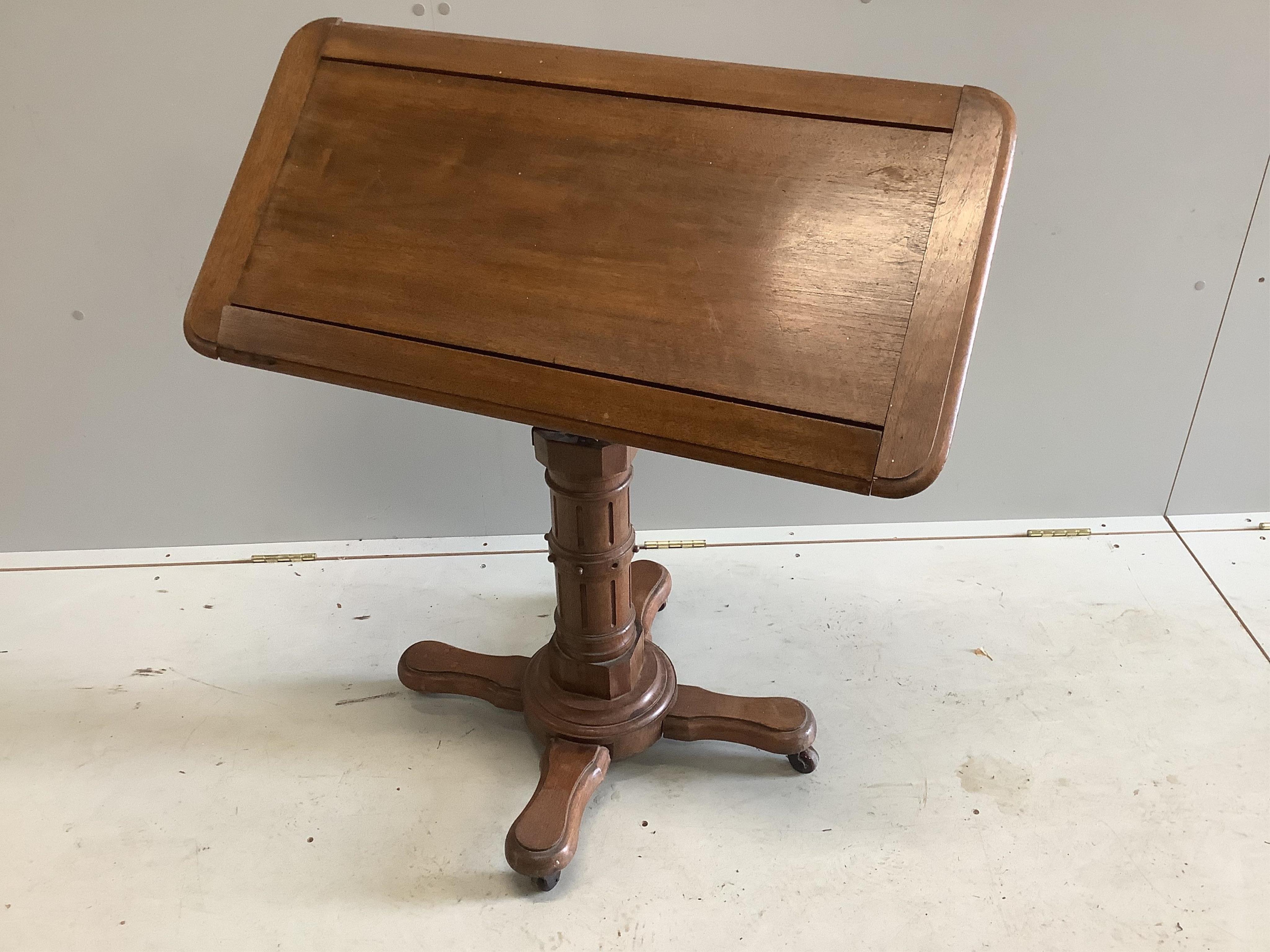 A Victorian mahogany John Carter Patent adjustable reading table, width 82cm, depth 42cm. Condition - fair